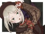  1girl ascot black_dress bloodborne bonnet brown_cloak cloak commentary_request derivative_work doll doll_joints dress ellenuen fingerless_gloves gloves green_eyes joints monogatari_(series) ononoki_yotsugi open_mouth pale_skin parody parted_bangs plain_doll red_ascot v white_hair 