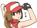  adjusting_clothes adjusting_hat black_gloves blonde_hair bomber_jacket brown_eyes brown_hair commentary_request cosplay fatal_fury fingerless_gloves gloves hagiwara_yukiho hat idolmaster idolmaster_(classic) jacket looking_back ponytail sat simple_background smile solo terry_bogard terry_bogard_(cosplay) the_king_of_fighters translation_request white_background 