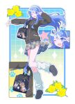  1girl :d ;d bag black_bag black_jacket black_shoes blue_eyes blue_hair commentary_request eyelashes floating_hair flower full_body grey_skirt hairband handbag highres hololive hoshimachi_suisei jacket leaf leg_warmers long_hair long_sleeves one_eye_closed open_mouth outline paw_print plaid_clothes plaid_skirt sakkintyudoku shoes skirt smile solo standing standing_on_one_leg star_(symbol) stuffed_animal stuffed_toy teddy_bear unmoving_pattern v v_over_eye white_hairband white_leg_warmers white_outline yellow_flower 