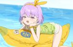  1girl banana_boat blurry bow bow_hairband depth_of_field fate/grand_order fate_(series) fgo_gwa green_one-piece_swimsuit hairband half-closed_eyes head_rest highres kazuradrop_(fate) kazuradrop_(second_ascension)_(fate) light_blush looking_at_viewer lying ocean on_stomach one-piece_swimsuit open_mouth outdoors purple_eyes purple_hair solo swimsuit water yellow_bow 