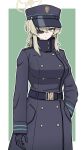  1girl absurdres black_gloves blonde_hair blue_archive blue_coat blue_hat border breasts buttons coat cowboy_shot double-breasted expressionless eyepatch gloves green_background halo hand_in_pocket hat highres large_breasts long_sleeves medium_hair one_eye_covered overcoat peaked_cap simple_background solo sui1116061 suou_(blue_archive) white_border yellow_halo 