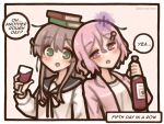  2girls alcohol book book_on_head border bottle cup drinking_glass english_text green_eyes hair_ornament highres holding holding_bottle leaning_on_person long_hair long_sleeves mogawa_(shimeji_simulation) multiple_girls object_on_head open_mouth pink_eyes pink_hair sailor_collar school_uniform shimeji_simulation shimejimee shirt short_hair simple_background speech_bubble twitter_username white_border wine wine_bottle wine_glass yomikawa_(shimeji_simulation) 