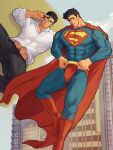  1boy adjusting_eyewear bara black_hair blue_eyes clark_kent clark_kent_(civilian) collared_shirt commentary covered_abs covered_pectorals covered_penis dc_comics english_commentary glasses hand_on_eyewear highres looking_at_viewer lying male_focus multiple_views muscular muscular_male navel_hair on_back pants parted_lips pectorals shirt short_hair skin_tight smile superman superman_(series) twitter_username whimstic 