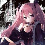  1girl absurdres bat_(animal) black_dress black_sleeves breasts buttons closed_mouth collarbone criss-cross_halter detached_sleeves double-breasted dress frilled_sleeves frills gothic_lolita hair_between_eyes halter_dress halterneck hand_up highres ichigo_sudong_mei krul_tepes lolita_fashion long_hair looking_at_viewer owari_no_seraph pink_hair pointy_ears red_eyes sidelocks sitting small_breasts solo two_side_up upper_body very_long_hair wide_sleeves 