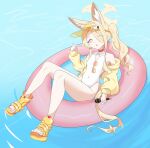  1girl absurdres animal_ear_fluff animal_ears blonde_hair blue_archive breasts clothing_cutout commentary_request covered_navel cross_halo diamond_cutout fox_ears fox_girl fox_tail full_body halo highleg highleg_one-piece_swimsuit highres innertube jacket long_hair mili_mli official_alternate_costume official_alternate_hairstyle one-piece_swimsuit open-toe_shoes orange_eyes seia_(blue_archive) seia_(swimsuit)_(blue_archive) shoes side_ponytail sitting small_breasts solo swim_ring swimsuit tail visor_cap white_one-piece_swimsuit yellow_halo yellow_jacket yellow_shoes yellow_visor_cap 