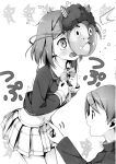  1boy 1girl blazer blush bow hair_bow hentai_ouji_to_warawanai_neko. highres jacket kantoku mask mask_over_one_eye midriff monochrome nose_blush novel_illustration official_art open_mouth pleated_skirt poking_belly scan school_uniform short_hair simple_background skirt tearing_up tsutsukakushi_tsukiko twitching wavy_mouth white_background yokodera_youto 