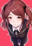  1girl absurdres amagami bent_over black_bow black_bowtie black_jacket black_ribbon black_sailor_collar blazer blush bow bowtie brown_eyes brown_hair closed_mouth commentary_request grey_skirt hair_ribbon highres jacket kibito_high_school_uniform leaning_forward long_sleeves looking_at_viewer medium_hair nakata_sae oshizu outline pink_background pleated_skirt ribbon sailor_collar school_uniform simple_background skirt solo twintails white_outline winter_uniform 