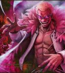  1boy abs blonde_hair coat commentary_request devil_fruit_power donquixote_doflamingo earrings english_text highres jewelry male_focus one_piece open_clothes open_mouth open_shirt pink_coat puppet_strings puppeteering sakakin120 shirt short_hair smile sunglasses teeth thread toned toned_male white_shirt 