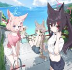  >_< 4girls absurdres alternate_costume alternate_hairstyle animal_ear_fluff animal_ears black_hair black_shorts blonde_hair blue_archive blue_eyes blue_halo blush braid brown_hair closed_eyes closed_mouth cloud commentary_request cropped_shirt dress food food_in_mouth fox_ears fox_girl fox_platoon_(blue_archive) green_eyes green_halo half_updo halo hat highres holding holding_food holding_popsicle inapple korean_commentary kurumi_(blue_archive) long_hair multiple_girls navel niko_(blue_archive) ocean open_mouth otogi_(blue_archive) outdoors pink_hair pink_shirt ponytail popsicle popsicle_in_mouth red_eyes red_halo shirt short_hair short_shorts short_sleeves shorts sitting sitting_on_stairs sky smile stairs stomach sun_hat sundress t-shirt very_long_braid very_long_hair white_dress white_hat white_shorts yukino_(blue_archive) 