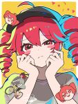  1girl ahoge artist_name bicycle blush brown_shirt commentary_request drill_hair hands_on_own_hips highres kasane_teto looking_at_viewer override_(synthesizer_v) red_hair shirt twin_drills utau uzuki_sena yellow_background yukkuri_shiteitte_ne 