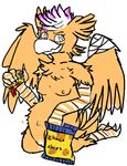  anthro avian bandage beak breasts chubby eating female female_ejaculation food kneeling nipples non-mammal_breasts nude pinata plain_background pussy pussy_juice roadkill rusken solo stuffing white_background wings 