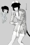  2others animal_ears black_eyes black_hair blunt_bangs blush_stickers bob_cut borrowed_character cat_ears cat_tail chibi chibi_inset colored_skin commentary_request crossdressing crossdressing_(otf) ears_down eyepatch grey_background hat highres kyona_(nn_yoka) multiple_others nurse nurse_cap nyoka_(nn_yoka) original pants ponytail shirt short_ponytail single_blush_sticker striped_clothes striped_pants striped_shirt sweatdrop tail thighhighs tongue vertical-striped_clothes vertical-striped_pants vertical-striped_shirt white_skin white_thighhighs zero512199 