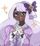  1girl :d commentary dark-skinned_female dark_skin eyelashes gloves hands_up happy highres interlocked_fingers jacinthe_(pokemon) long_hair long_sleeves looking_at_viewer open_mouth pokemon pokemon_legends:_z-a purple_eyes purple_shirt ryokukoucha shirt simple_background smile solo sparkle teeth tilted_headwear upper_body upper_teeth_only white_background white_gloves 