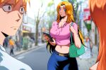  1boy 2girls ? bag belt bleach blonde_hair blue_eyes blue_skirt breasts brown_belt chameleon_(meccha_chameleon) cleavage commentary cropped_shirt empty_eyes frown grey_eyes handbag highres holding holding_phone inoue_orihime kurosaki_ichigo large_breasts matsumoto_rangiku meccha_chameleon midriff mole mole_under_mouth multiple_girls navel opalis orange_hair parody phone skirt untranslatable_commentary 