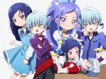  1boy 1girl :p :t ahoge akanbe bandaged_head bandages black_pants blue_dress blue_eyes blue_hair blue_ribbon blue_shirt choker collared_shirt commentary_request crossed_bangs cure_diamond dokidoki!_precure dress dual_persona eyelid_pull frilled_dress frills head_wings highres hishikawa_rikka holding holding_plate ira_(precure) jacket long_hair long_sleeves lying magical_girl multiple_views neck_ribbon nownnownn on_back pants pinafore_dress plate ponytail precure purple_jacket red_choker ribbon shirt short_hair sleeveless sleeveless_dress tongue tongue_out wings yellow_choker yellow_eyes 