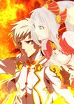  1boy 1girl breasts cleavage fire green_eyes grey_hair hair_ornament jacket jewelry laila_(tales) lailah_(tales) long_hair ponytail red_eyes short_hair slay_(tales) smile sorey_(tales) tales_of_(series) tales_of_zestiria white_hair 