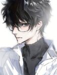  1boy amamiya_ren black-framed_eyewear black_eyes black_hair black_shirt closed_mouth expressionless glasses hair_between_eyes highres jushoumao layered_shirt looking_at_viewer male_focus nose persona persona_5 portrait red_pupils semi-rimless_eyewear shirt short_hair solo turtleneck turtleneck_shirt under-rim_eyewear undershirt white_background white_shirt 