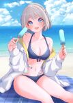  1girl absurdres aqua_hair bare_shoulders beach bikini black_bikini blush braid breasts cloud cloudy_sky commentary_request day fingernails food gakuen_idolmaster grey_hair highres holding holding_food holding_popsicle hood hooded_jacket hoodie idolmaster jacket katsuragi_lilja looking_at_viewer navel ocean outdoors popsicle raby_vivid side_braid sky smile solo stomach swimsuit white_jacket 