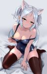  1girl :3 animal_ears azur_lane bare_shoulders between_legs blue_one-piece_swimsuit blush breasts cat_ears cat_girl cleavage clothes_pull commentary_request covered_navel dedorudy full_body green_eyes half-closed_eyes hand_between_own_legs hand_up highres legs_apart long_hair medium_breasts nipples one-piece_swimsuit one-piece_swimsuit_pull one_breast_out presenting_own_body seductive_smile sims_(azur_lane) sitting skin_tight skindentation slit_pupils smile smug solo strap_slip swimsuit thighhighs thighs very_long_hair white_hair 