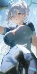  1girl absurdres animal_ears bicycle bike_jersey biker_clothes blue_archive blue_sky blush bodysuit breasts cleavage commentary_request cross_hair_ornament cycling_uniform extra_ears from_below grey_hair hair_behind_ear hair_ornament halo highres holding_tumbler large_breasts long_hair looking_at_viewer nanimonine9 on_bicycle one_eye_closed parted_lips road_bicycle shiroko_terror_(blue_archive) shiroko_terror_(cycling)_(blue_archive) sky solo wolf_ears wolf_girl 