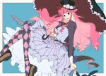  1girl black_eyes blue_background blunt_bangs commentary dress drill_hair frilled_dress frills hat highres holding holding_umbrella long_hair long_sleeves looking_at_viewer one_piece pantyhose paruma_umu perona pink_hair red_lips sidelocks smile solo twitter_username umbrella untranslatable_commentary 