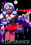  1girl black_background black_bow black_hair blue_hair blue_nails bow bowl breasts card_(medium) cleavage commentary_request cropped_legs crossed_bangs cup drooling english_text fang hair_ribbon half-closed_eyes halterneck hand_up highres holding holding_bowl horns japanese_clothes kimono long_sidelocks long_sleeves looking_at_viewer low-tied_sidelocks manaita_obi medium_breasts mole mole_on_thigh mole_under_mouth mouth_drool multicolored_hair nail_polish nijisanji nogugera o-ring off_shoulder open_mouth purple_eyes purple_kimono purple_ribbon ribbon rindou_mikoto rindou_mikoto_(1st_costume) roman_numeral sakazuki sidelocks simple_background skin-covered_horns skin_fang smile solo sparkle streaked_hair tarot tarot_(medium) temperance_(tarot) thick_eyebrows thigh_strap two-tone_hair virtual_youtuber 