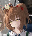  1girl absurdres animal_ears aston_machan_(casual)_(umamusume) aston_machan_(umamusume) azuristars blush breasts brown_hair bus bus_interior casual commission green_eyes hair_ornament hair_scrunchie highres horse_ears horse_girl motor_vehicle one_side_up parted_lips red_scrunchie reflection scrunchie shirt sitting skirt solo suspender_skirt suspenders umamusume white_shirt window 