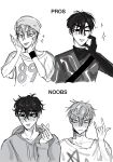  2boys \m/ alien_stage beanie blitsbii commentary english_commentary english_text fang finger_heart half-heart_hands hat heart highres hood hoodie ivan_(alien_stage) male_focus multiple_boys shirt short_hair till_(alien_stage) tongue tongue_out turtleneck turtleneck_shirt very_short_hair 