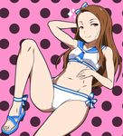  arm_behind_head bikini bow brown_eyes brown_hair hair_bow hand_on_own_stomach high_heels highres idolmaster idolmaster_(classic) legs long_hair long_legs midriff minase_iori naughty_face navel polka_dot polka_dot_background puge sailor_bikini sailor_collar sailor_swimsuit_(idolmaster) sandals smile solo stomach strappy_heels swimsuit 