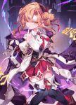  1girl ankle_boots ascot black_thighhighs boots breasts brown_boots cape closed_mouth commentary_request finger_to_mouth ginger_(shadowverse) hair_bun hairband highres hood hood_down hooded_cape kumeyuyumi0621 large_breasts long_hair long_sleeves looking_at_viewer miniskirt orange_eyes orange_hair pleated_skirt red_ascot red_hairband red_skirt shadowverse shadowverse:_worlds_beyond shirt simple_background single_hair_bun skirt solo standing swept_bangs thighhighs white_shirt zettai_ryouiki 