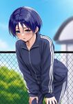  1girl blue_eyes blue_jacket blue_pants blue_sky blue_track_suit blurry building bush chain-link_fence cloud commentary_request day depth_of_field fence green_eyes hands_on_own_thighs huyumitsu jacket original outdoors pants short_hair sky solo track_jacket track_pants track_suit 