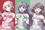  3girls bare_shoulders blush breasts brown_hair closed_mouth collarbone colored_inner_hair column_lineup commentary_request dress flower-shaped_hair fujishima_megumi green_dress green_eyes green_hairband grey_dress grey_eyes hairband hands_on_own_chest hasu_no_daisankaku highres holding holding_microphone ima_kako_mirai_no_sangenshoku long_hair looking_at_viewer love_live! love_live!_hasu_no_sora_jogakuin_school_idol_club medium_breasts microphone multicolored_hair multiple_girls otomune_kozue own_hands_together purple_hair red_dress red_eyes red_hair red_hairband ruoguiling short_hair sleeveless sleeveless_dress smile strapless strapless_dress virtual_youtuber w white_hair white_hairband yugiri_tsuzuri 