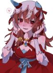  1girl animal_ears bare_shoulders blush breasts brown_hair collarbone commentary_request detached_sleeves dress ear_covers ear_ribbon hair_between_eyes hair_ornament heart highres horse_ears horse_girl long_hair looking_at_viewer multicolored_hair open_mouth red_dress red_eyes ribbon simple_background single_polished_nail small_breasts smile solo spoken_heart sppoke1226 still_in_love_(scarlet_vow_raiment)_(umamusume) still_in_love_(umamusume) streaked_hair umamusume veil white_background white_streaks white_veil 