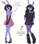  1girl animal_ears black_choker black_eyes black_gloves black_hair black_leg_warmers black_shirt black_shoes blush bow choker colored_sclera commentary dress elbow_gloves english_commentary english_text furry furry_female gender_transitioning gender_transitioning_(mtf) gloves hair_bow hands_in_pockets heart heart_necklace high_heels highres jax_(female)_(the_amazing_digital_circus) jax_(the_amazing_digital_circus) jewelry leg_warmers long_hair necklace pantyhose pink_bow pink_dress purple_skirt rabbit_ears rabbit_girl salayley shirt shoes short_hair skirt the_amazing_digital_circus thigh_strap torn_clothes torn_pantyhose v_arms yellow_sclera 