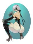  1girl 2b_(nier:automata) absurdres ass blindfold boots gabriel_carrasquillo high_heels highres nier:automata nier_(series) solo source_mismatch squatting white_hair 