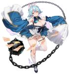  1girl armpits ayamo_kaoru ball_and_chain_(weapon) black_shoes blue_hair blush breasts cleavage closed_mouth colored_inner_hair commentary_request full_body groin hair_ornament highres large_breasts li_maipha_(ayamo_kaoru) looking_at_viewer medium_hair multicolored_hair ofuda original oversized_clothes panties red_eyes shoes simple_background smile socks solo standing standing_on_one_leg thigh_strap tiara underwear vial weapon white_background white_panties white_socks wide_sleeves 