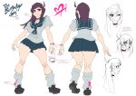  1girl :d :p ;p absurdres ahoge arms_at_sides artist_name ascot asymmetrical_hair birthday_girl_(triple-q) black_choker black_hair black_shoes blue_ascot blue_sailor_collar blue_skirt blush bracelet breasts character_profile choker closed_mouth commentary english_commentary english_text fingernails from_side full_body grey_shirt grey_socks grin has_bad_revision has_downscaled_revision heart heart_choker highres jewelry kneehighs legs loafers logo long_fingernails long_hair looking_at_viewer loose_socks md5_mismatch medium_breasts miniskirt multiple_expressions multiple_views one_eye_closed original outstretched_arms paint paint_splatter parted_bangs phone pink_eyes pink_lips pleated_skirt pointing_out_the_details raised_inner_eyebrows reference_sheet resolution_mismatch sailor_collar school_uniform serafuku shirt shoes short_sleeves silver_bracelet simple_background sketch skirt smile socks source_smaller summer_uniform sweat teeth thick_thighs thighs tongue tongue_out triple-q v-shaped_eyebrows variant_set white_background wide_hips 
