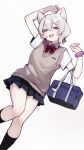  1girl :d absurdres animal_ear_fluff animal_ears bag black_skirt black_socks blue_bag bow bowtie brown_sweater_vest collared_shirt commentary double-parted_bangs fang feet_out_of_frame fingernails grey_eyes grey_hair hair_between_eyes hair_ornament hairclip hands_up highres kneehighs long_bangs miniskirt nail_polish open_mouth original pleated_skirt purple_nails purple_scrunchie red_bow red_bowtie school_bag school_uniform scrunchie shirt short_hair short_sleeves shoulder_bag simple_background skirt smile socks solo sunege_(hp0715) sweater_vest untranslatable_commentary white_background white_shirt wrist_scrunchie 