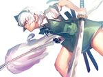  ascot black_hairband blue_eyes dress_shirt dual_wielding dutch_angle hair_ribbon hairband hitodama holding katana konpaku_youmu konpaku_youmu_(ghost) leaning_forward melon22 no_lineart profile ribbon scabbard serious sheath shirt short_hair short_sleeves silver_hair simple_background skirt solo sword touhou vest weapon white_background 