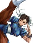  1girl blue_dress bracelet breasts brown_eyes brown_hair brown_pantyhose bun_cover china_dress chinese_clothes chun-li commentary_request double_bun dress earrings flexible from_side hair_bun hanging_breasts highres jajanome jewelry kicking large_breasts leg_up martial_arts muscular muscular_female pantyhose pearl_earrings pelvic_curtain puffy_short_sleeves puffy_sleeves sash short_sleeves simple_background solo spiked_bracelet spikes standing standing_on_one_leg street_fighter thick_thighs thighs white_background 
