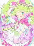  1girl :d ;d antenna_hair aqua_eyes blue_sleeves bow bow_choker character_name choker colored_eyelashes commentary_request detached_sleeves dress frilled_dress frills gradient_hair green_dress green_hair hair_bow hand_on_own_head haru_(haru1bc6c4) heart heart_in_eye highres holding holding_microphone laalulu long_hair looking_at_viewer microphone multicolored_dress multicolored_hair one_eye_closed open_mouth pink_bow pink_choker pink_dress pretty_series pripara puffy_detached_sleeves puffy_sleeves purple_hair see-through_clothes see-through_sleeves smile solo speech_bubble strapless strapless_dress symbol_in_eye twintails two-tone_hair v very_long_hair white_dress wrist_bow 