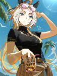  1girl ahoge animal_ears bird black_shirt blue_eyes blue_sky breasts closed_mouth cloud colored_bangs cup day ear_covers eyewear_on_head highres holding holding_cup horse_ears horse_girl jewelry koppe_koppe long_hair looking_at_viewer medium_breasts multicolored_hair necklace official_alternate_costume orange_hair orfevre_(umamusume) outdoors palm_tree shirt sky solo sunglasses translated tree two-tone_hair umamusume white_hair 