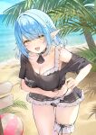  1girl :d absurdres ahoge ascot ball beach beachball bikini bikini_skirt bikini_under_clothes black_ascot black_bikini black_choker black_shirt blue_hair braid breasts choker cleavage commentary cowboy_shot day earrings elf fang frilled_bikini frilled_choker frills hair_ornament heart heart_ahoge highres hololive horizon izumi_kei jewelry large_breasts leaning_forward long_pointy_ears medium_hair ocean off-shoulder_shirt off_shoulder open_mouth outdoors palm_tree pointy_ears print_shirt sand shirt short_sleeves side_braid smile solo standing straight_hair summer swimsuit t-shirt tied_shirt tree virtual_youtuber x_hair_ornament yellow_eyes yukihana_lamy 