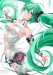  1girl ahoge aqua_eyes aqua_hair black_leggings bodysuit breasts center_opening commentary detached_leggings english_commentary hatsune_miku hatsune_miku_(append) highres hip_gear inue_ao leggings long_hair looking_at_viewer medium_breasts navel necktie number_tattoo simple_background smile tattoo twintails very_long_hair vocaloid vocaloid_append white_background white_bodysuit white_necktie 