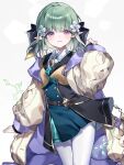  1girl aqua_necktie belt_buckle black_bow blush bow buckle cardigan castelle_(shadowverse) collared_shirt commentary_request dress elf flower green_hair hair_bow hair_flower hair_ornament highres kumeyuyumi0621 long_sleeves looking_at_viewer necktie open_cardigan open_clothes pantyhose parted_lips pointy_ears purple_eyes school_uniform shadowverse shadowverse:_worlds_beyond shirt short_dress short_hair simple_background single_tear solo white_cardigan white_flower white_pantyhose 