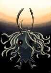  1girl aizawa_sachi antennae arm_armor armor armored_boots arthropod_girl arthropod_limbs black_background black_blood black_sclera black_skin blood blood_from_eyes blood_on_armor blood_on_face blood_splatter boots bright_pupils colored_blood colored_sclera colored_skin commentary_request facing_viewer floating_hair gradient_background grey_armor grey_boots hair_between_eyes hand_on_own_face hollow_knight kneeling long_hair mask no_eyes_(hollow_knight) orange_pupils shoulder_armor solo straight-on two-tone_background wavy_hair white_hair white_mask yellow_background 