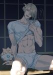  1boy blonde_hair blue_eyes clothes_lift commentary_request elemoncake hair_over_one_eye highres male_focus muscular muscular_male navel open_mouth pokemon pokemon_(creature) pokemon_legends:_arceus shade shirt short_sleeves shorts sitting smile solo speech_bubble spread_legs sweat teeth togepi upper_teeth_only volo_(pokemon) white_shirt white_shorts 