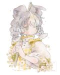  1girl animal_ears apron blush_stickers bow braid buttons closed_mouth commentary_request cropped_torso dog_ears expressionless flower freckles frills green_eyes grey_hair high_collar highres multicolored_hair mura_(yoshishi_ff) original painting_(medium) plaid_apron plaid_bow plaid_clothes puffy_sleeves shirt solo tareme three-quarter_sleeves traditional_media twin_braids two-tone_hair watercolor_(medium) watermark white_flower white_hair white_shirt yellow_apron yellow_bow 