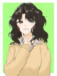  1girl amagami ayu_mikuru black_eyes black_hair brown_sweater commentary_request curly_hair dated green_background grin highres kibito_high_school_uniform long_sleeves looking_at_viewer messy_hair parted_bangs school_uniform signature smile solo sweater tanamachi_kaoru two-tone_background upper_body v v_over_mouth wavy_hair white_background 