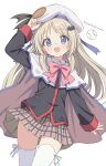  1girl :d absurdres adjusting_clothes adjusting_headwear arm_up bat_hair_ornament beret black_jacket blonde_hair blue_eyes bow bowtie bright_pupils cape character_name commentary cowboy_shot fang grey_skirt hair_ornament hand_on_headwear happy hat highres jacket light_blush little_busters! little_busters!_school_uniform long_hair looking_at_viewer noumi_kudryavka open_mouth pink_bow pink_bowtie plaid_clothes plaid_skirt school_uniform setteiset sidelocks simple_background skirt smile solo tareme thighhighs thighs white_background white_cape white_pupils white_thighhighs zettai_ryouiki 